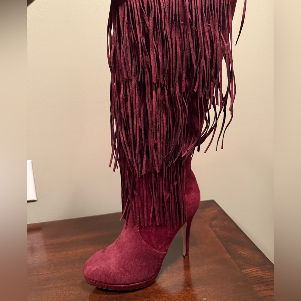 Fringed Burgundy Suede High-Heel Knee Boot